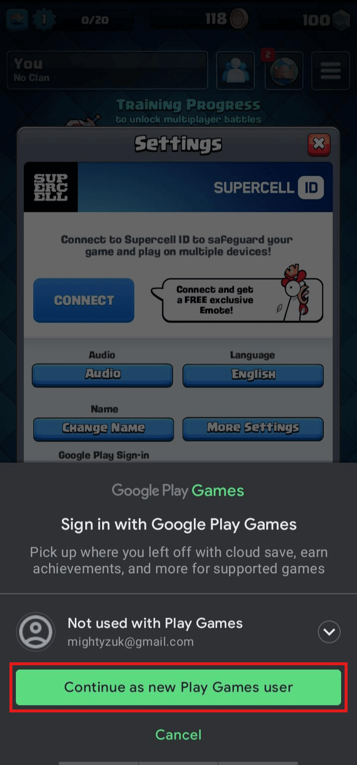 Tap on Continue as new Play Games user | How to delete clash royale account | remove Supercell ID from Clash Royale