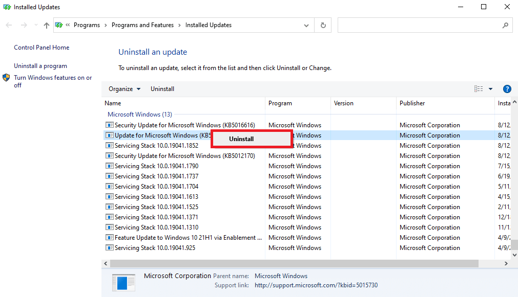 from the list of all the recent updates locate and right click on the update that started causing problems to your computer and click on uninstall