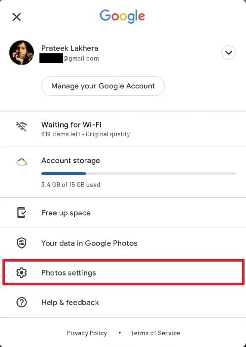 From the top right corner select the profile icon and select Photos Settings