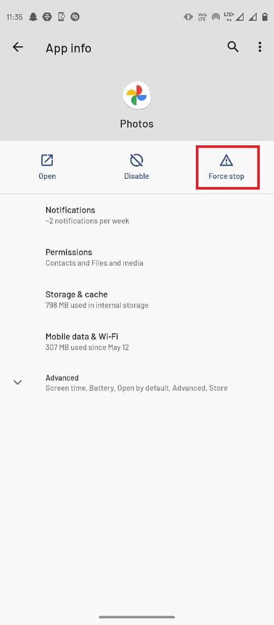 Locate and select Force stop