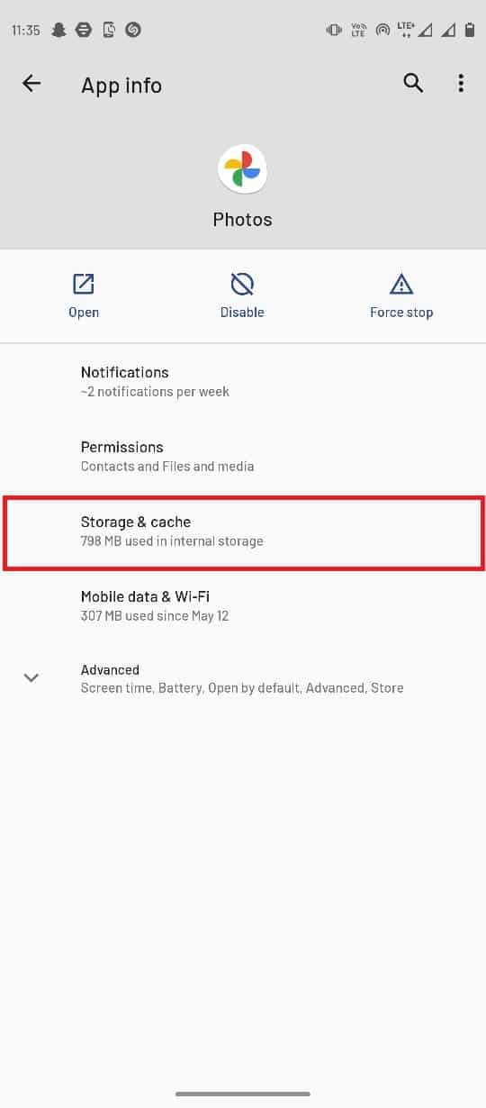 Locate and select Storage and cache