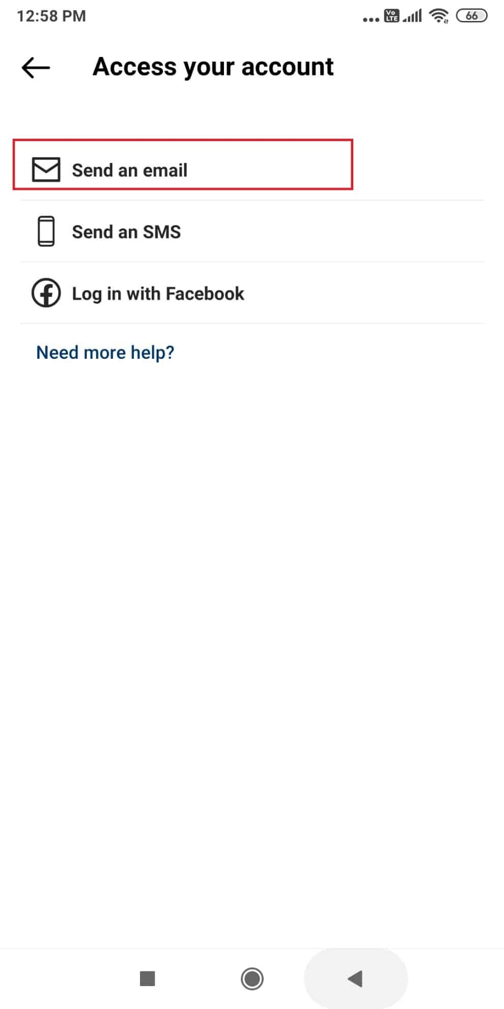 Choose a recovery option. Here, we have chosen Send an email | hack Instagram account of someone else