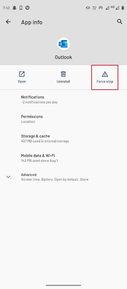 Select Force stop. Fix Currently Unable to Send Your Message on Outlook Mobile