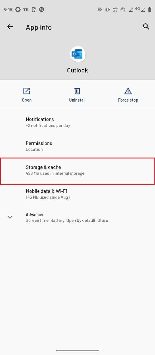 Select Storage and cache. Fix Currently Unable to Send Your Message on Outlook Mobile