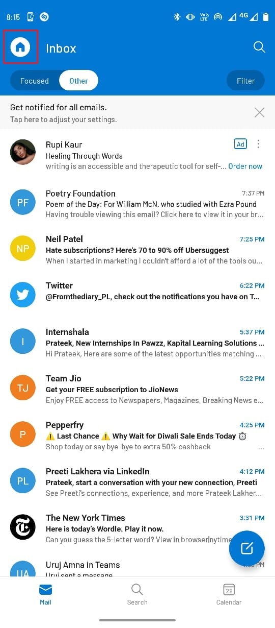 Select the Profile icon. Fix Currently Unable to Send Your Message on Outlook Mobile