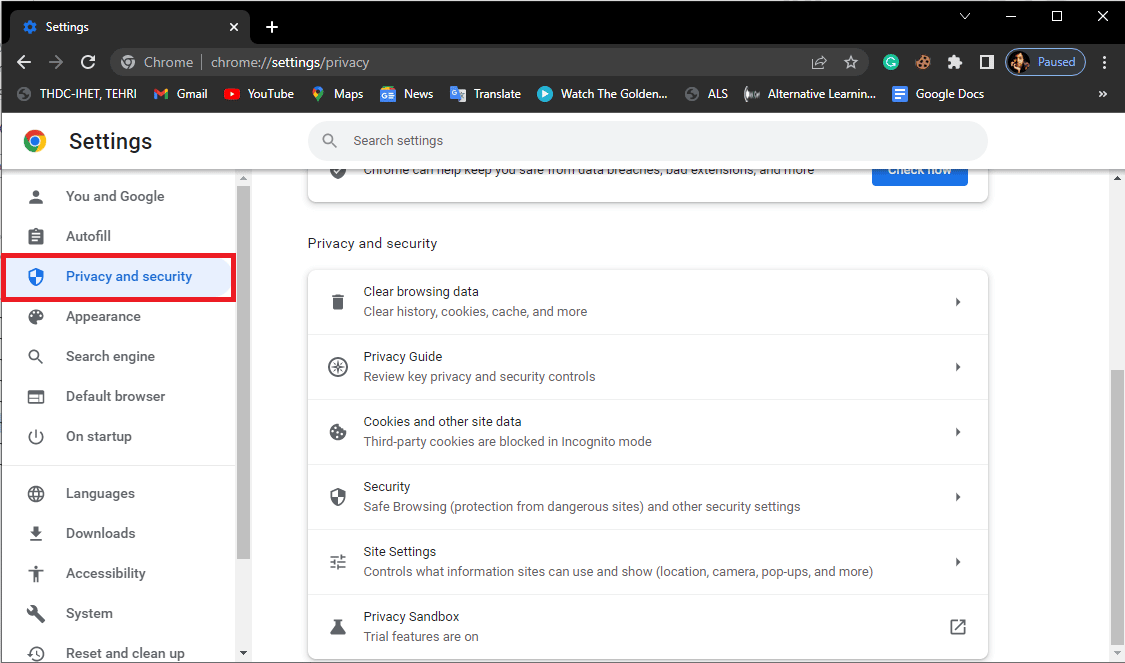 navigate to Privacy and security
