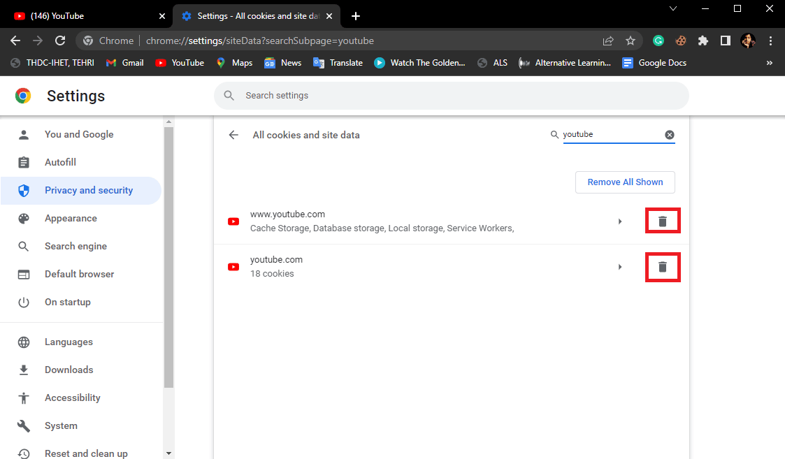 Delete the Youtube.com cookies by clicking the delete icon. Fix YouTube Error 400 in Google Chrome