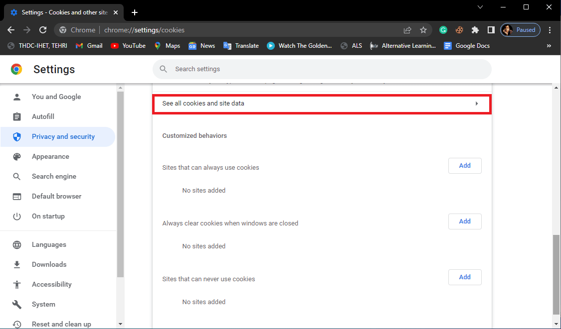 click on See all cookies and site data