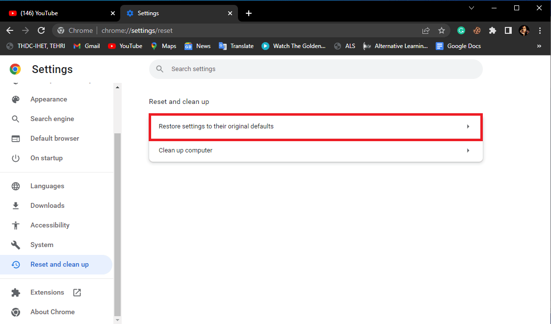Click on Restore settings to their original defaults. Fix YouTube Error 400 in Google Chrome