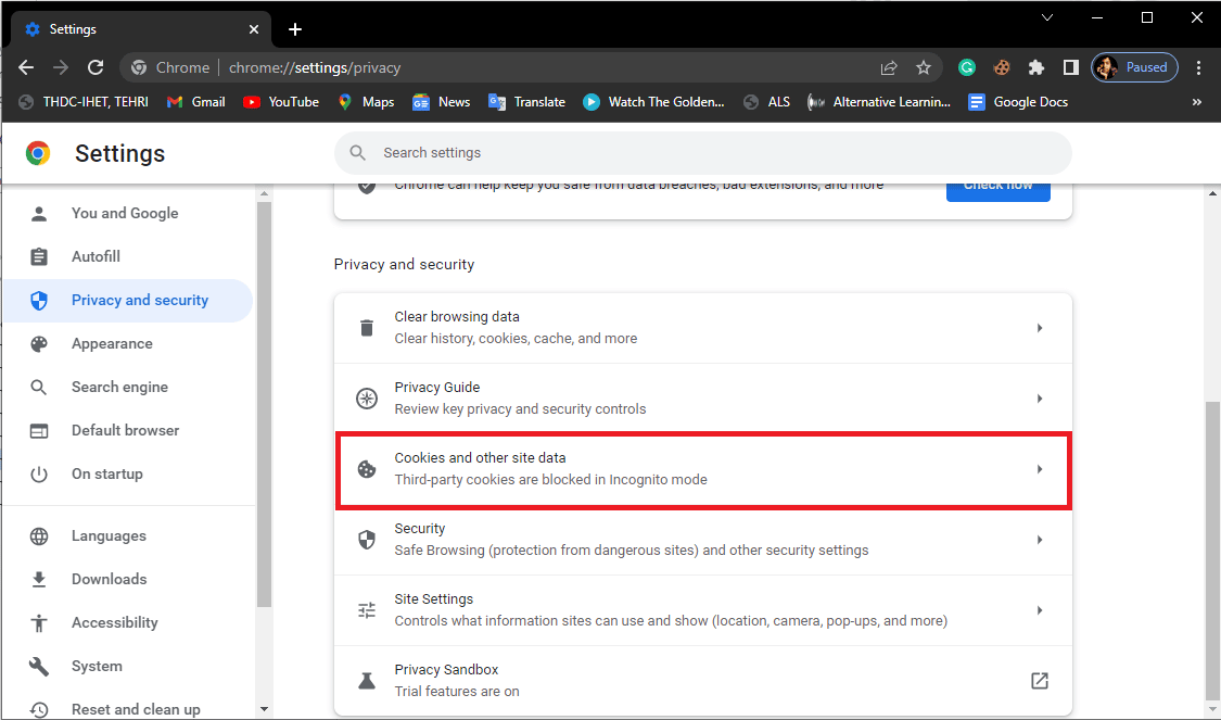 click on Cookies and other site data. Fix YouTube Error 400 in Google Chrome