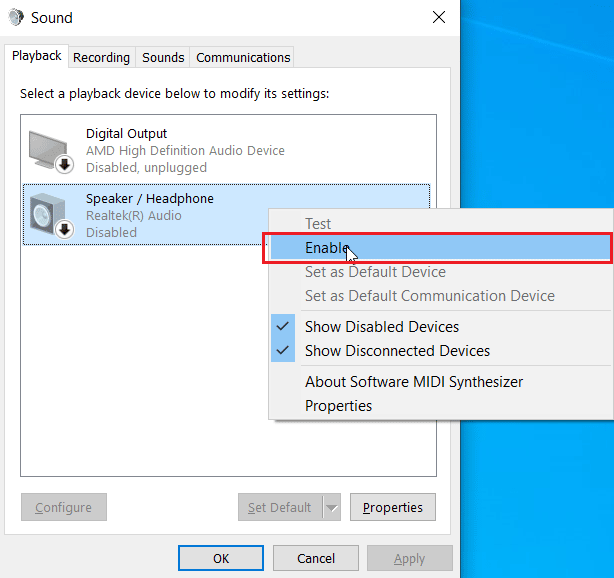 right click audio device and click enable
