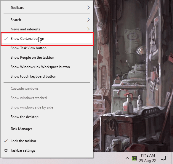 right click task bar and click show cortana button