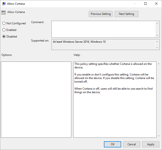 Select Disabled to Disable Cortana in Windows 10