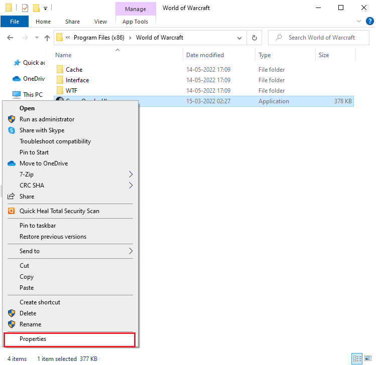 select the Properties option