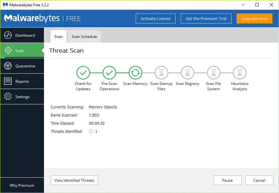  Pay attention to the Threat Scan screen while Malwarebytes Anti Malware scans your PC