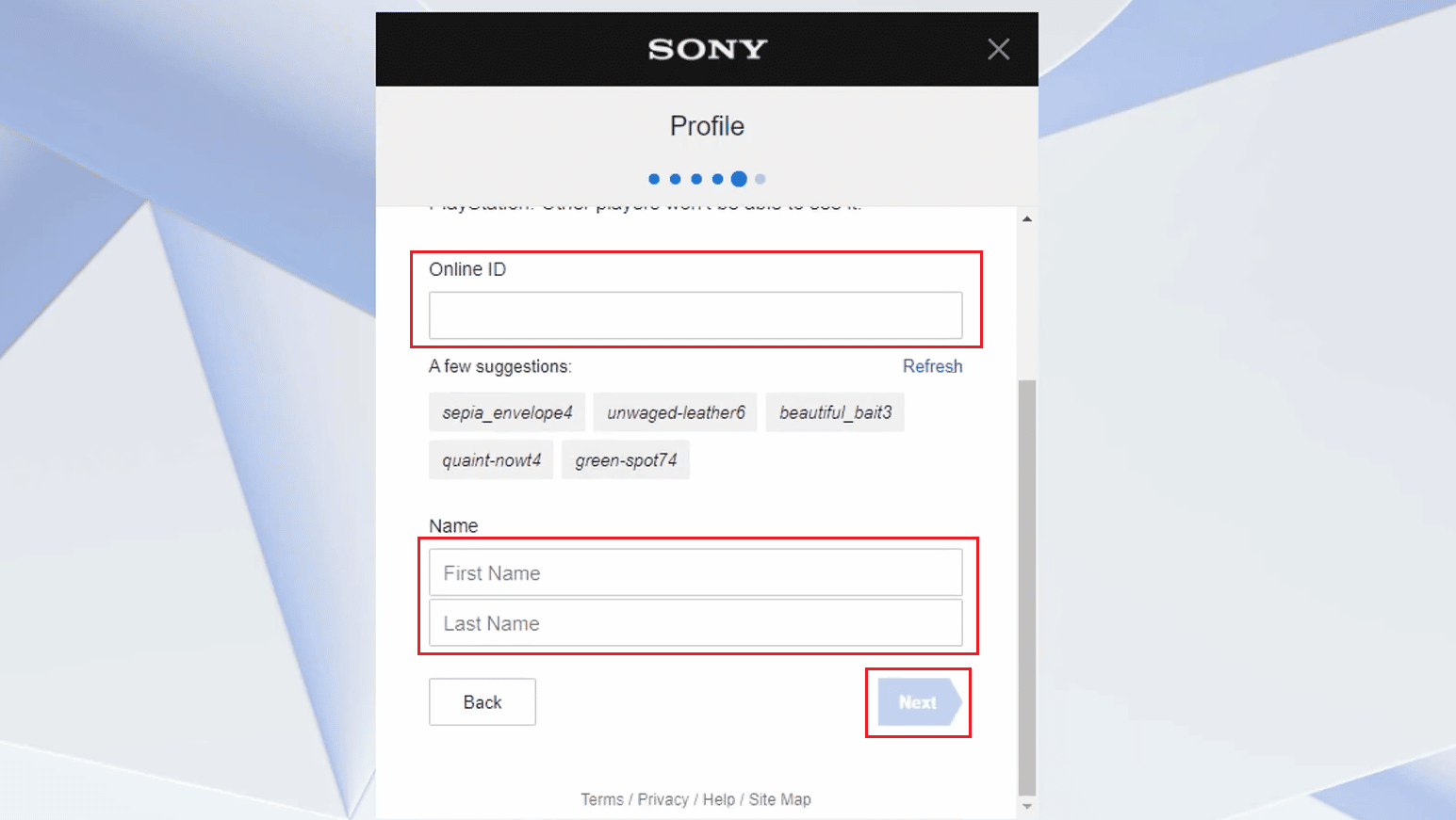 enter your desired Online ID, First Name, and Last Name and click on Next