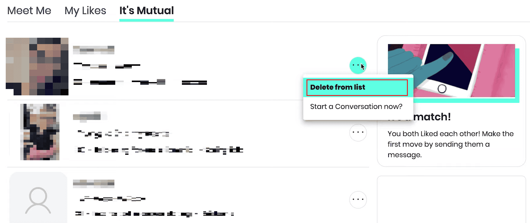 click on Delete from list to unmatch and delete profile from your matched profiles list
