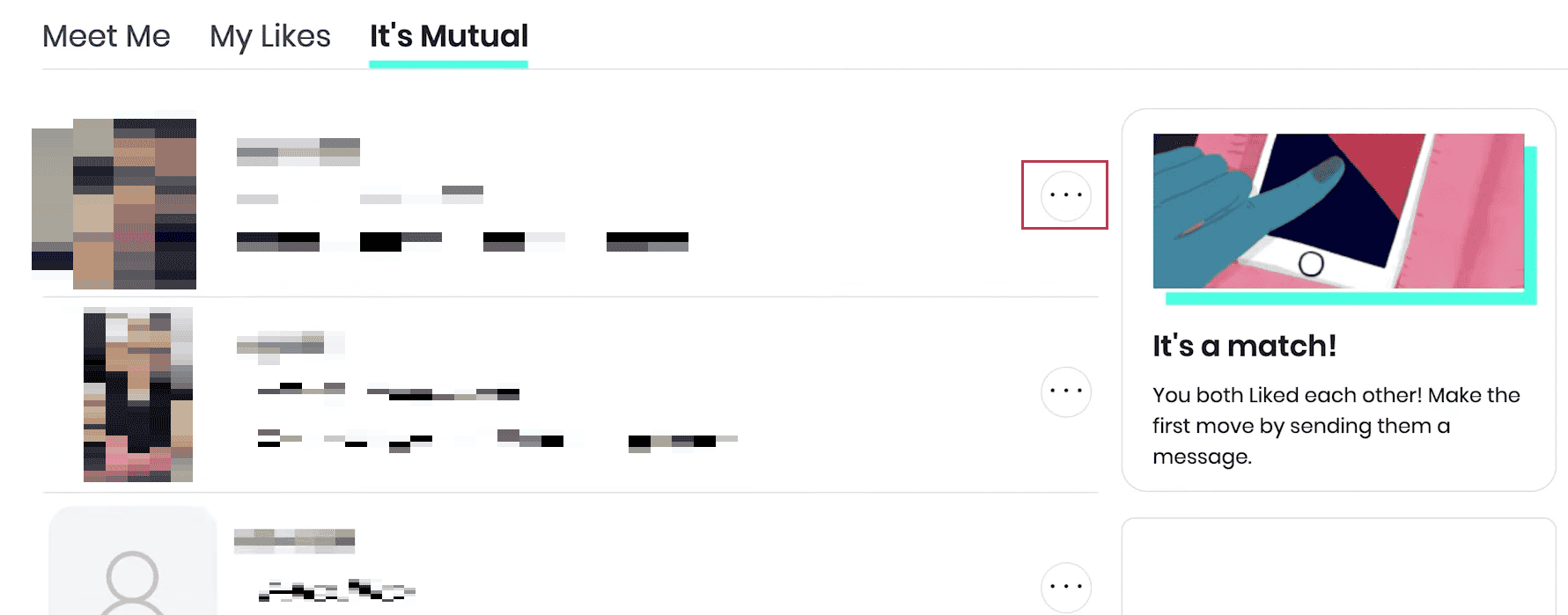 Click on the three-dotted icon for a desired profile from the list | likes disappeared on POF