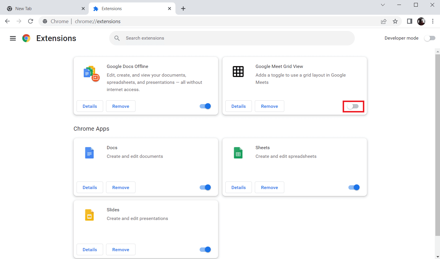 Turn off the toggle for unused extensions. Fix Error Code 130 Failed to Load Web Page Unknown Error