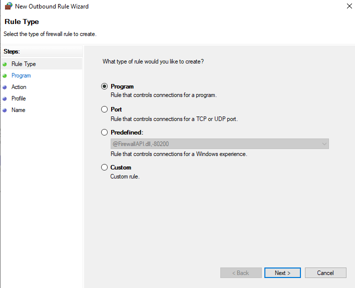 New Outbound Rule Wizard window will open 