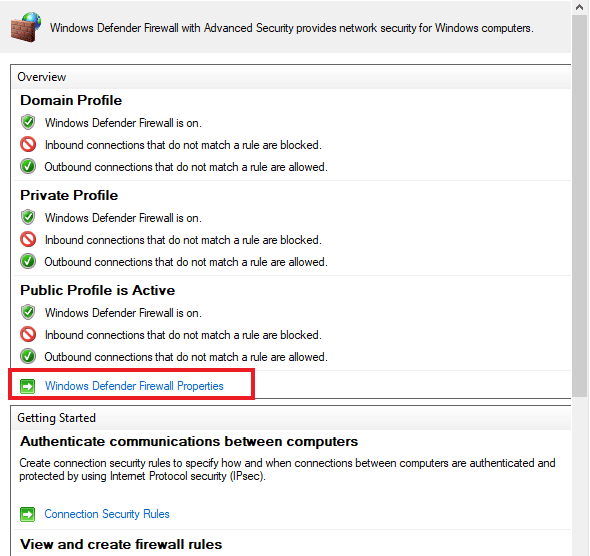 Click on Windows Defender Firewall Properties