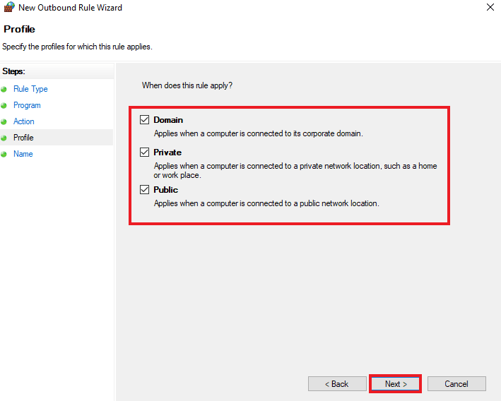 Check all the boxes and click on Next | How to Add Windows Firewall Rule