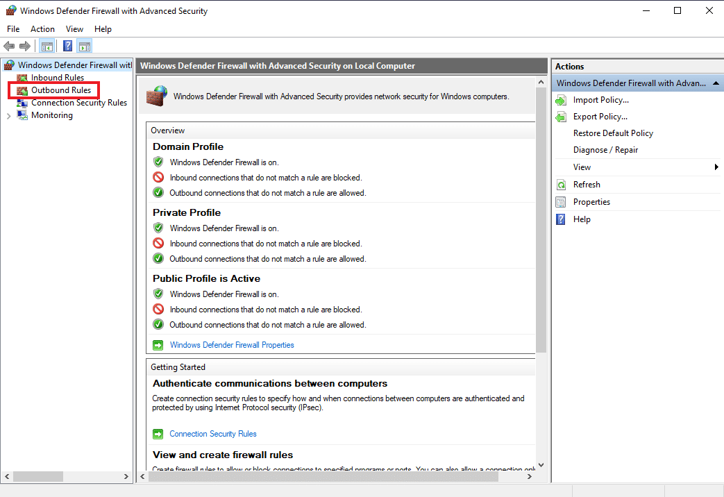 Click on Outbound Rules | How to Add Windows Firewall Rule