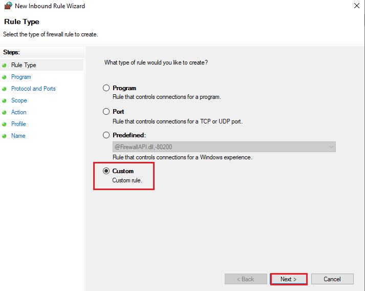 Select Custom and click on Next