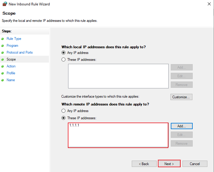 Add remote IP address and click on Next