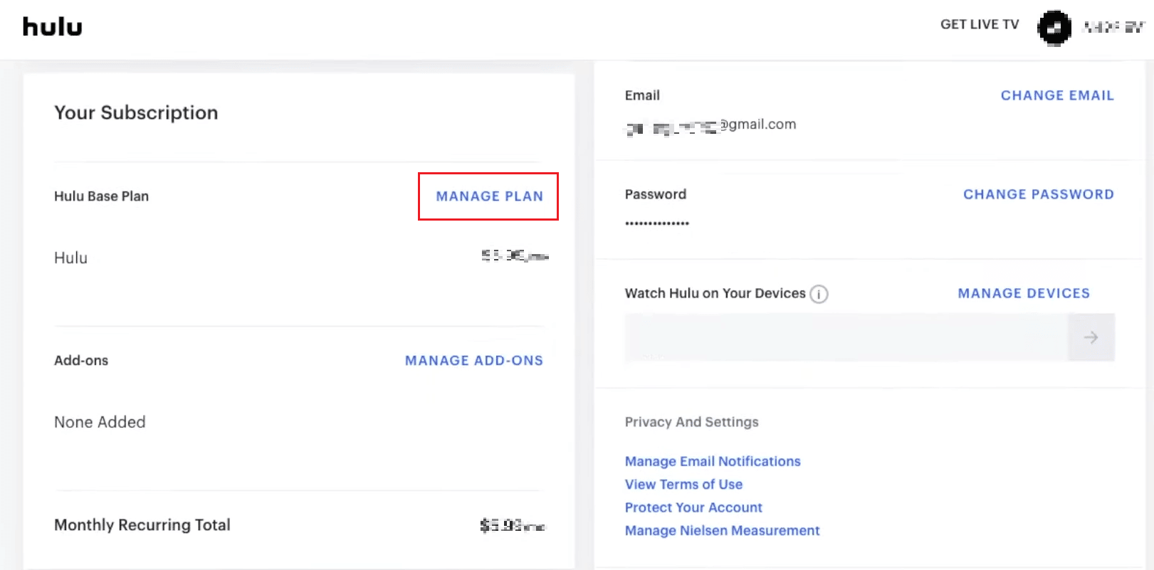 Click on MANAGE PLAN | How to Manage Hulu Account | change plans in Hulu