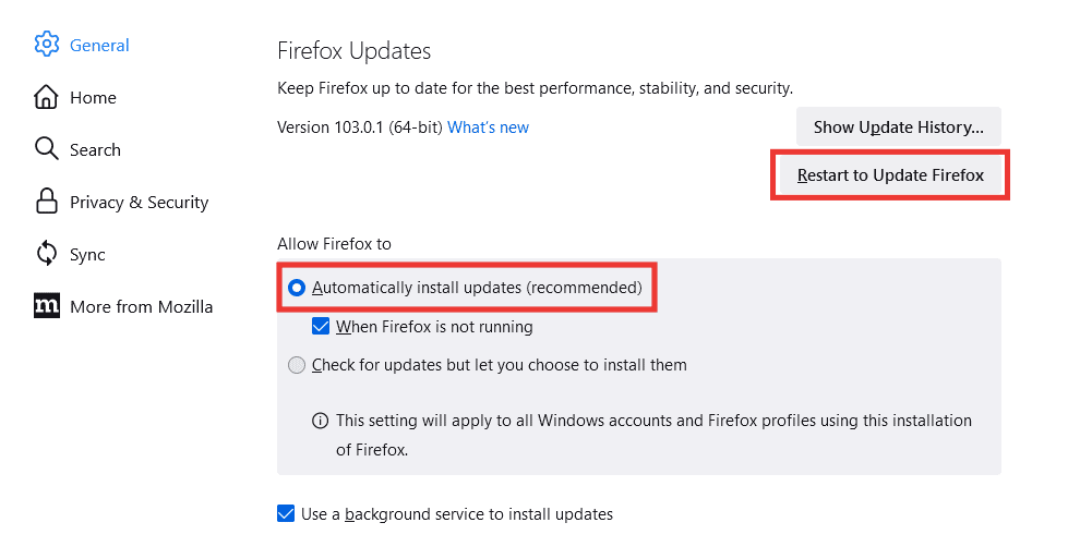 click on restart to update firefox and also turin on automatically install updates option by clicking on it. How to Fix Mozilla Firefox Problem Loading Page