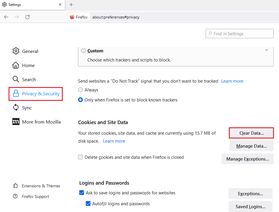 click on the Clear Data button in the Cookies and Site Data section