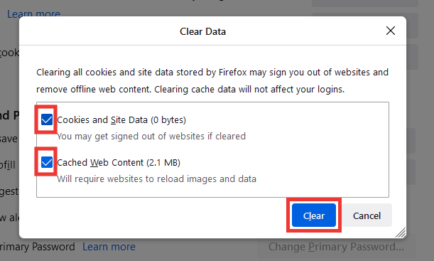 check the options of cookies and cached web content and click on clear