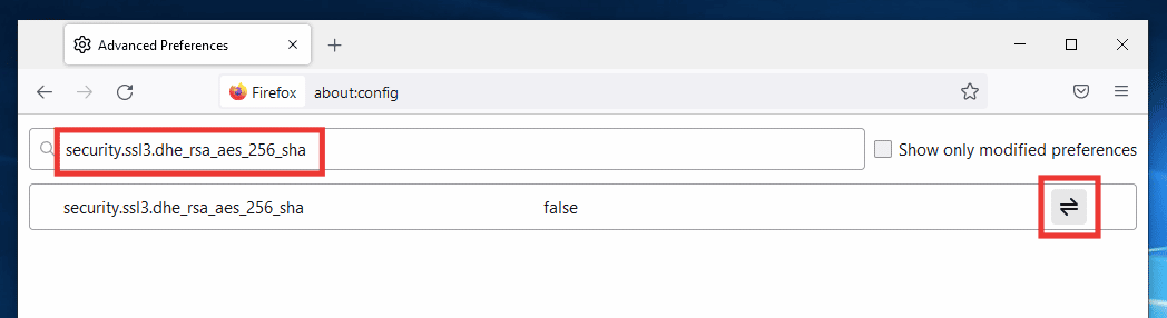 paste security.ssl3.dhe rsa aes 256 sha in the search dialog box and click on toggle icon to change the value to false