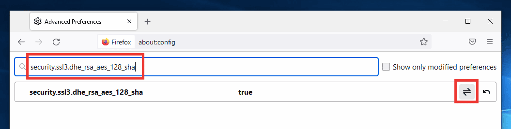 paste security.ssl3.dhe rsa aes 128 sha in the search dialog box and click on toggle icon to change the value to false