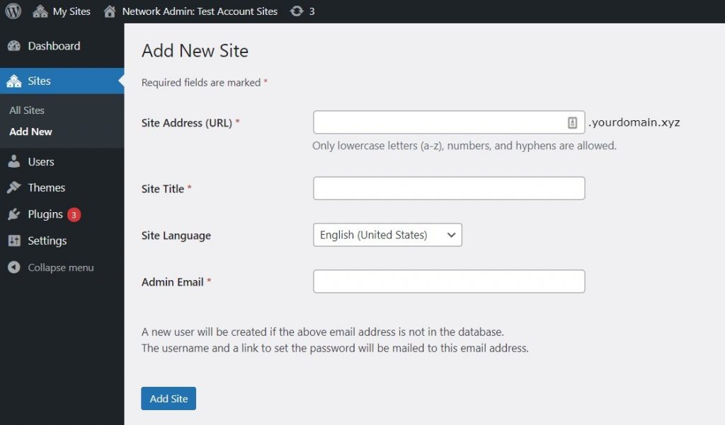 The Add New Site form in the network admin WordPress dashboard.