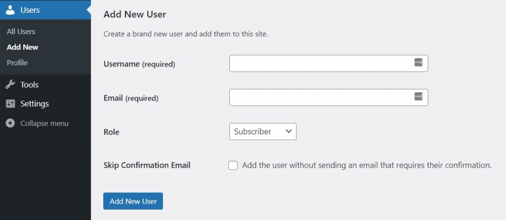The Add New User form in the network admin dashboard.
