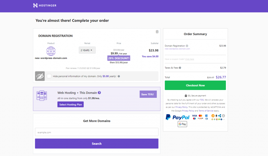 Completing your order with Hostinger - choosing the domain registration period and adding privacy protection.