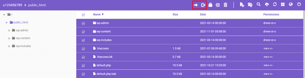 The copy and move buttons for copying or moving your files to your new WordPress address. 