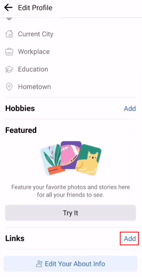 Swipe down and tap on Add next to the Links option