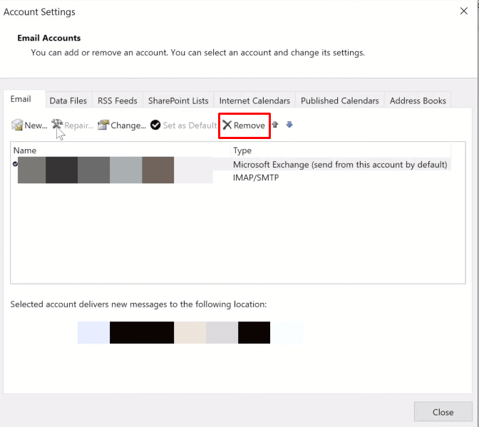Now undet the Email tab you have to select the Server you want your Outlook to connect to, then click on the Remove option. 
