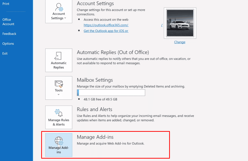 click on the Manage Add-ins option to manage and acquire Web Add-ins in Outlook