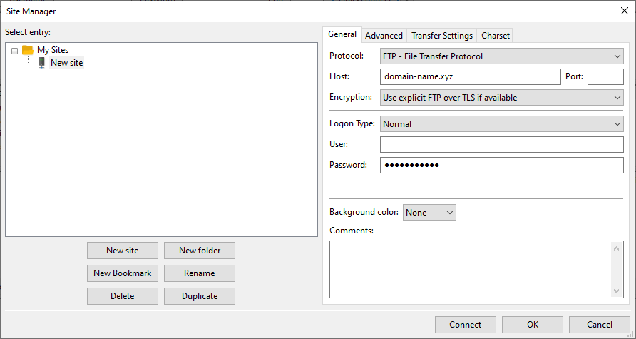A screenshot from FileZilla showing where to choose the New site entry and its information.