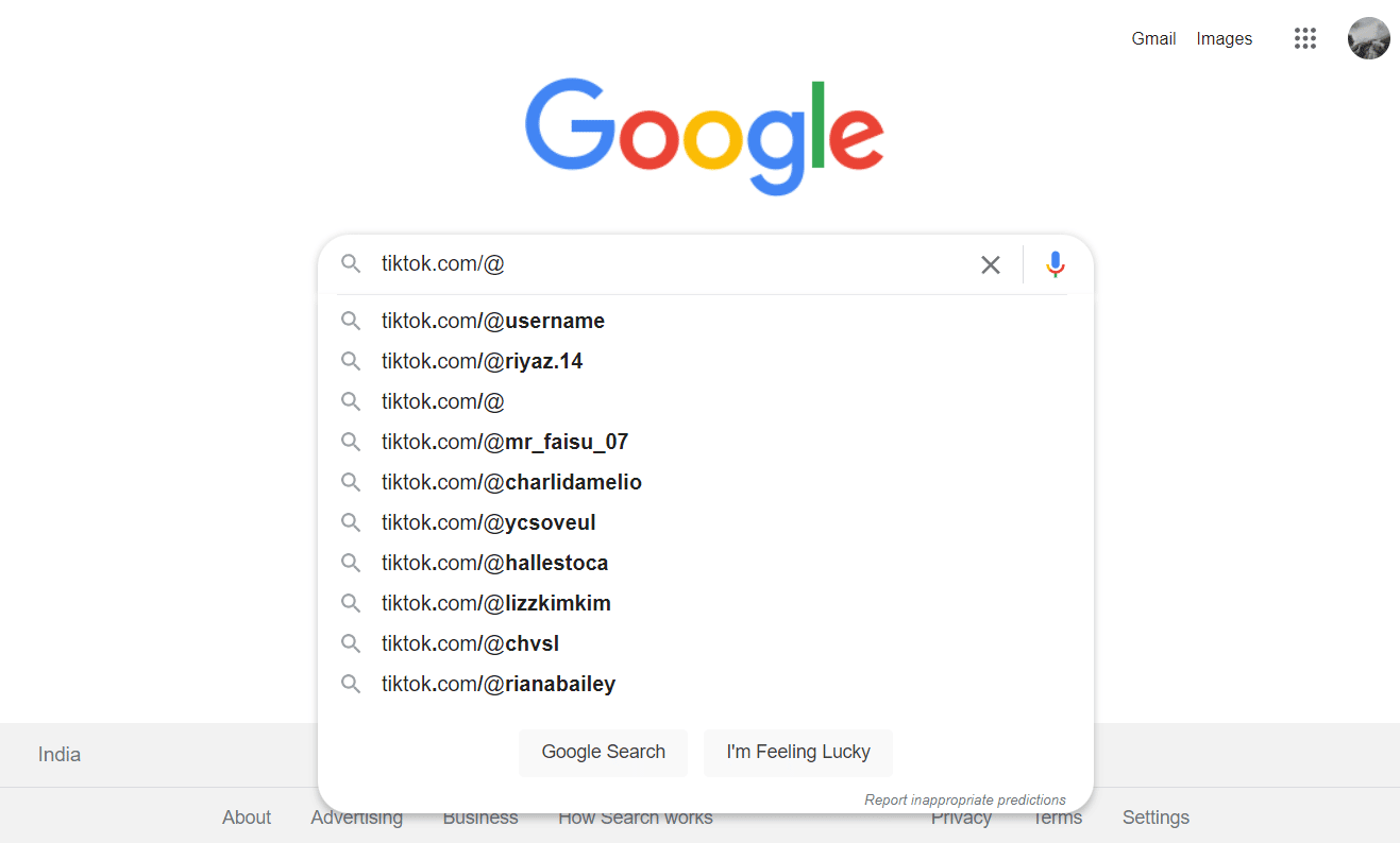 Type tiktok.com@[your TikTok username] in the search bar and press the Enter key