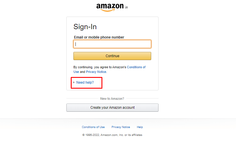 Click on the Need help option just below the terms and conditions message.