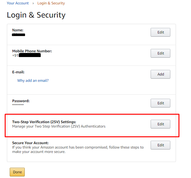 Now locate the Two-Step Verification (2SV) Settings option under the Login & Security menu and click on the Edit button. | How Can You Recover Your Amazon Account