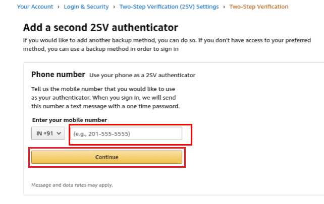 Enter the new number to which you want to change the 2-step verification and click on Continue | How Can You Recover Your Amazon Account