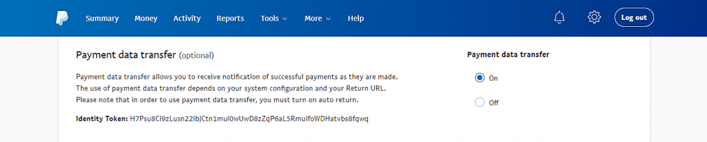 This image shows you how to enable Payment data transfer and obtain the identity token, which you will use to configure PayPal on WooCommerce.