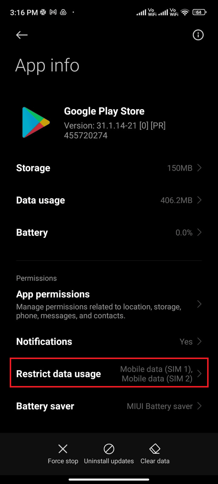 tap on Restricted data usage. Fix Google Play Store Error Checking for Updates