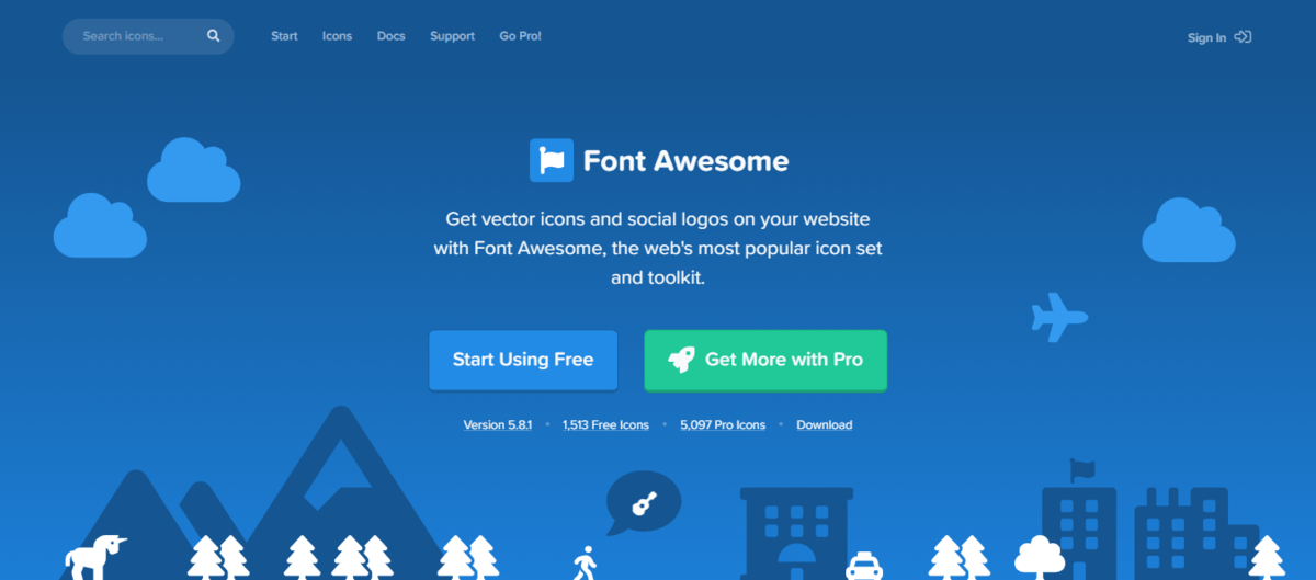 The landing page of Font Awesome site